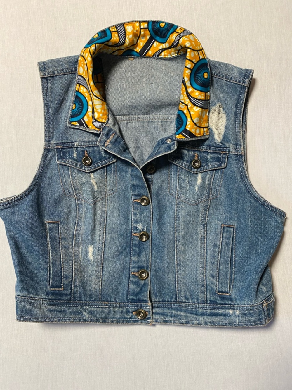 Custom refashioned Denim Sleeveless Jacket with Yellow & Teal Patterned Collar